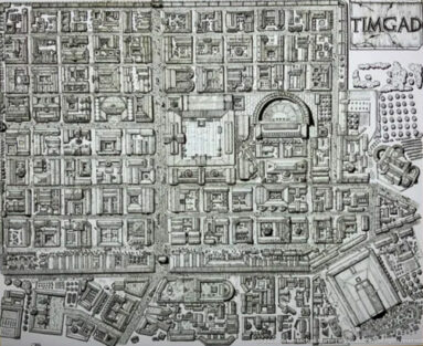 Bird’s-eye reconstruction drawing of ancient Timgad with dense streets, buildings, and monumental complexes.