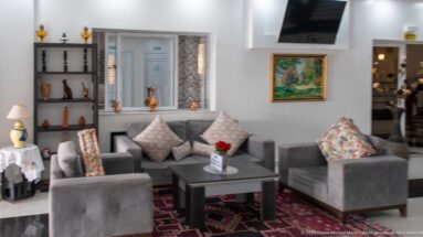 Trajan Hotel lounge with gray armchairs and sofa, patterned cushions, display niches, and framed artwork.