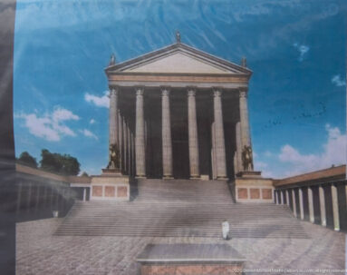 Interpretive reconstruction showing a classical temple with broad steps, tall front columns, and triangular pediment.