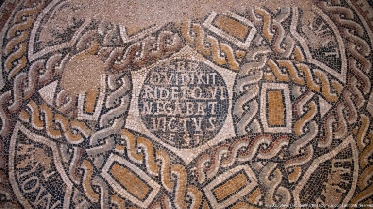 Circular mosaic medallion with central Latin inscription surrounded by braided and interlaced geometric ornament.