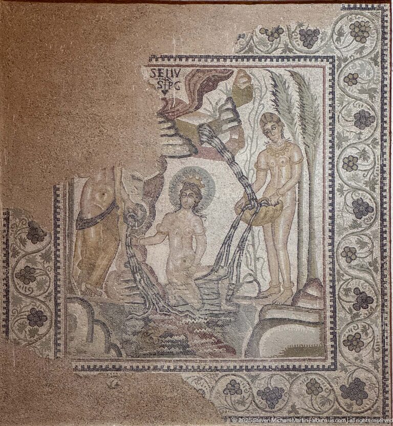 Artemis bathing nude with attendants in the 3rd-century Artemis and Actaeon mosaic from Thamugadi, with Actaeon's reflection surviving in the pool.