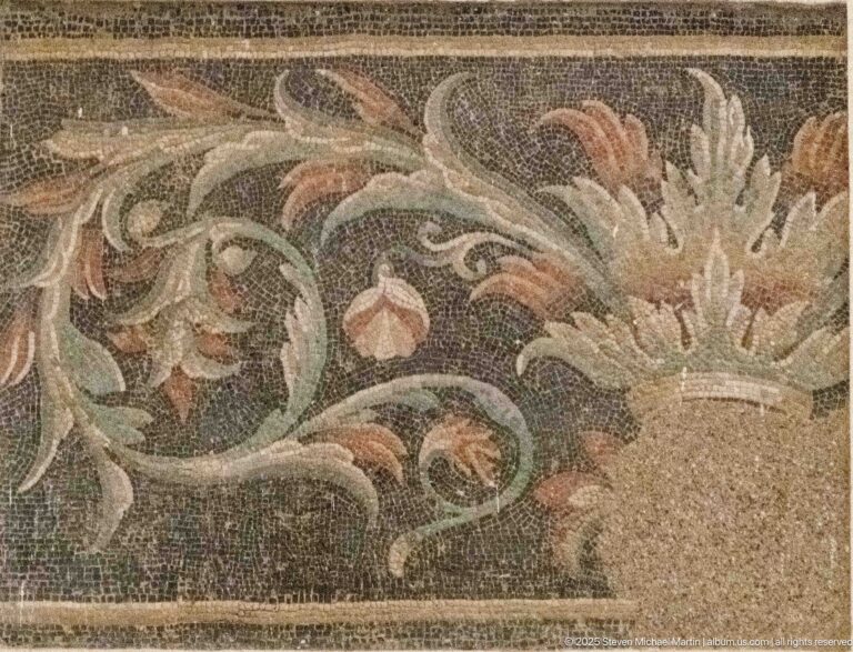 Mosaic fragment with curling foliage, birds, flowers, and multicolored vegetal ornament.