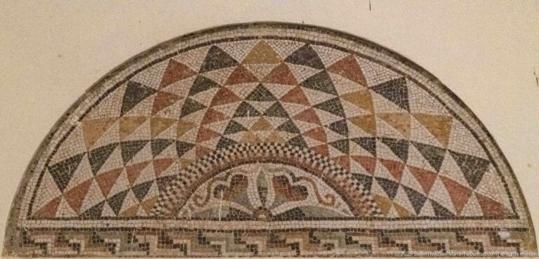 Semicircular mosaic with radiating triangular geometry and a small vegetal motif at the center.