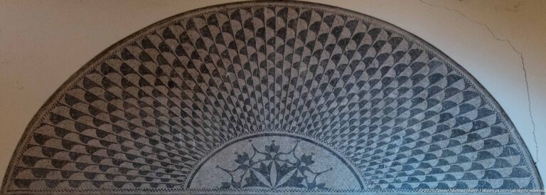 Semicircular Roman mosaic filled with radiating dark scale shapes above a small central plant motif.