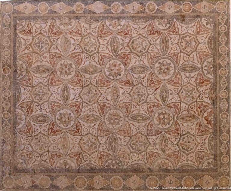 Large rectangular mosaic filled with interlocking rosettes, circular motifs, and geometric borders.