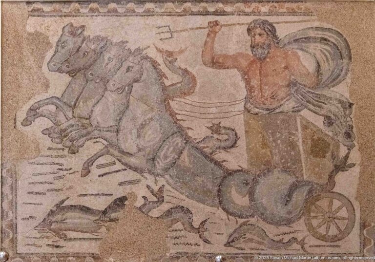 Fragmentary Roman mosaic with a male figure, horse, large fish or sea creature, and wheel-like form.