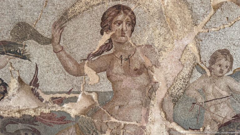 Nereid raising one arm in the mid-2nd-century Mosaic of the Nereids by Aspasios from the baths at Lambaesis.