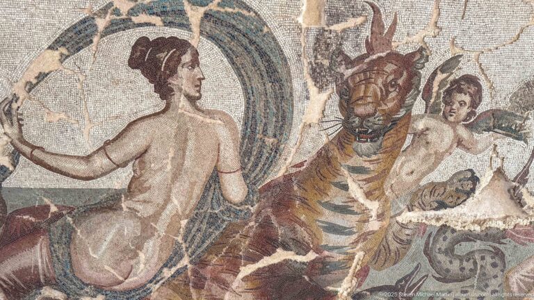 Nereid beside a striped marine tiger and winged Cupid in the Mosaic of the Nereids by Aspasios.