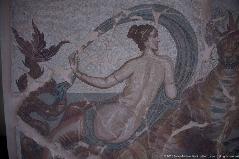 Rear view of a Nereid riding beside a fantastical sea creature in the Mosaic of the Nereids by Aspasios.