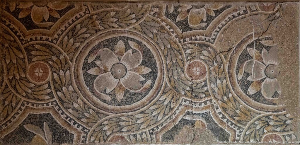 Close-up of a Roman mosaic with flower medallions, scrolling foliage, small roundels, and layered decorative borders.