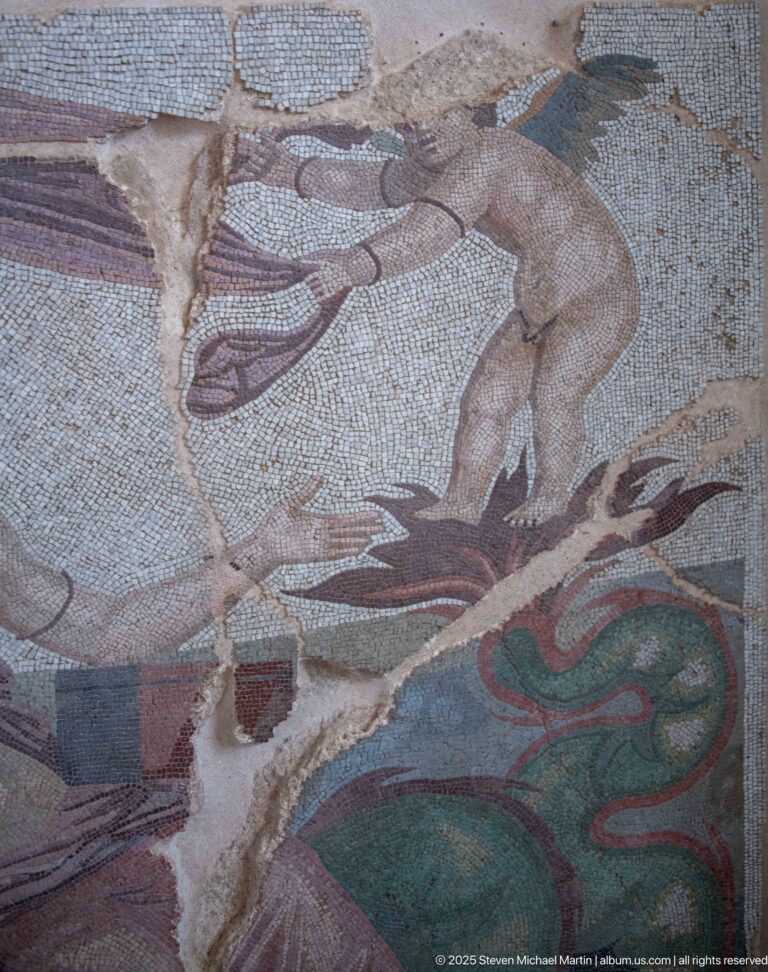 Fragment of Aspasios's Mosaic of the Nereids with surviving human and fantastical marine-creature forms.