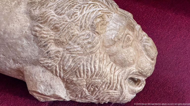 Carved stone lion head with curling mane, broad muzzle, open mouth, and broken edges against a red display surface.