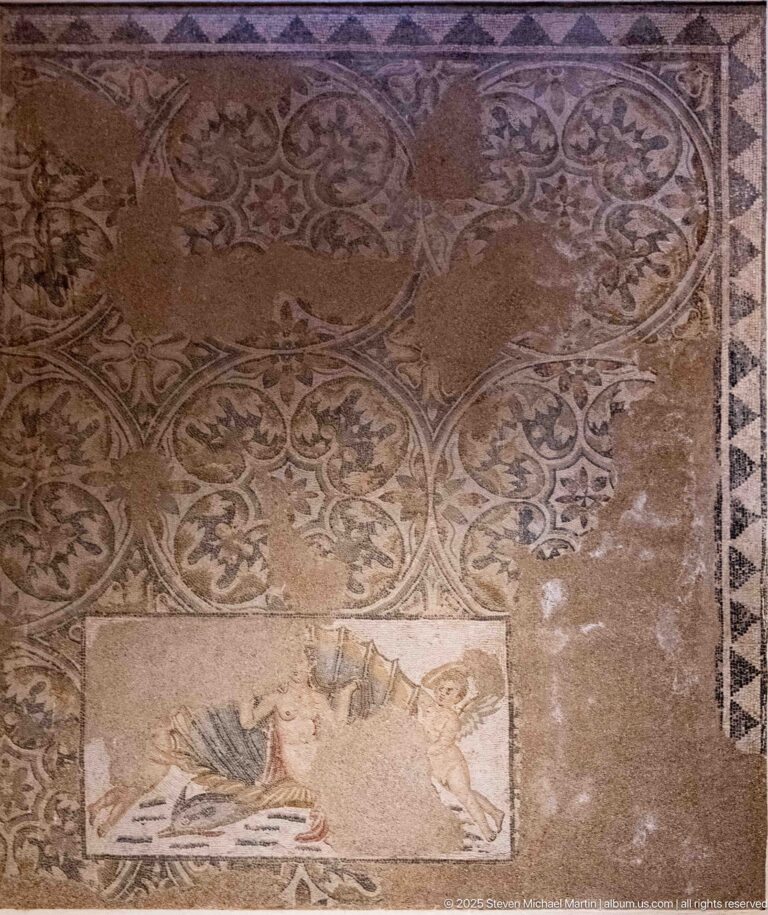 Roman mosaic with dense scrolling vegetal ornament and a damaged rectangular figural panel near the lower center.