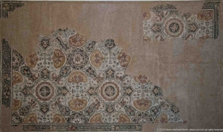 Large fragmentary mosaic with rosettes, circular medallions, interlaced geometry, and broad missing areas.