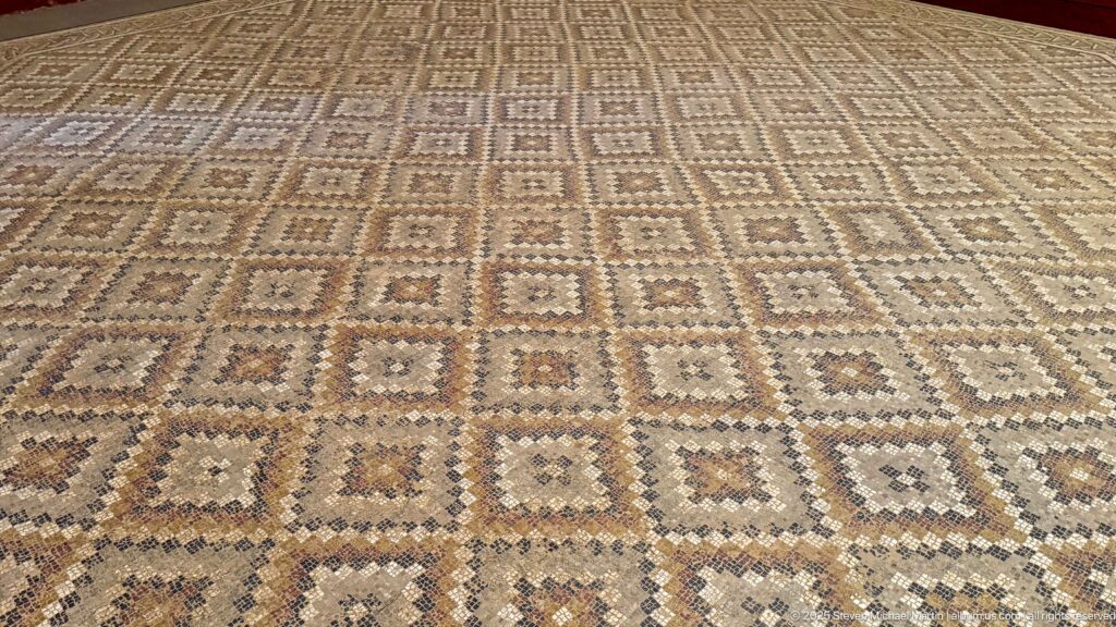 Roman mosaic pavement covered with a grid of small square compartments, each containing a rosette-like central motif.