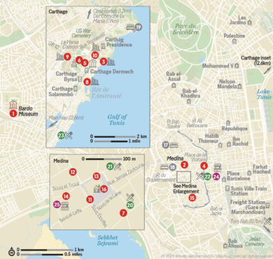 Visitor map of Carthage and Tunis with numbered sites, road network, coastline, and inset maps.