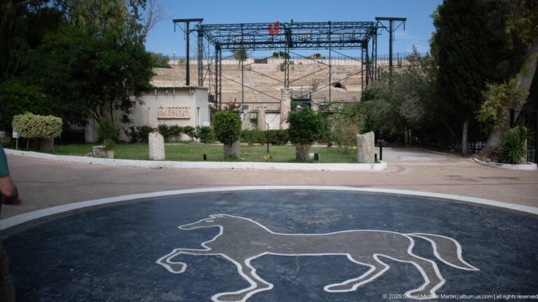 White outline of a horse on dark circular pavement with the Roman Theatre of Carthage beyond.