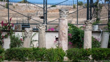 Weathered ancient column shafts and Corinthian-style capitals displayed before the stone seating of the Roman Theatre.