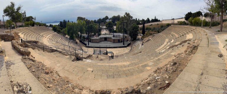 Wide elevated overview of the Roman Theatre of Carthage showing curving seating, central stage area, and surrounding trees.