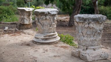 Three weathered stone capitals with acanthus carving standing beside the Roman archaeological remains at Carthage.