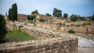 Low stone room walls and pale paved surfaces within the Roman residential ruins of Carthage.