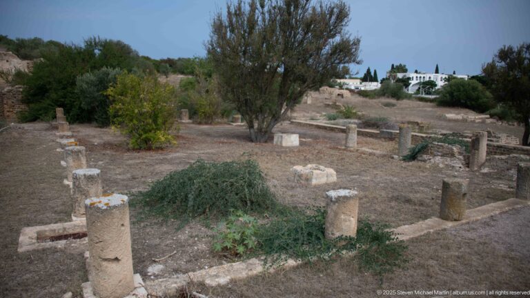 Rectangular Roman archaeological court with short columns, low walls, trees, and modern houses in the distance.