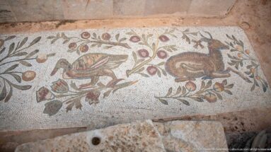 Roman mosaic with two birds among leafy fruiting branches in muted green, brown, red, and cream tesserae.
