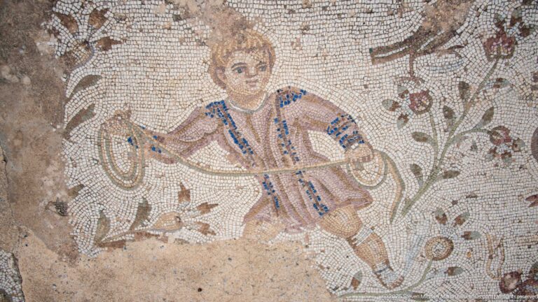 Roman mosaic of a youthful figure in patterned clothing holding a bird among branches and small animals.