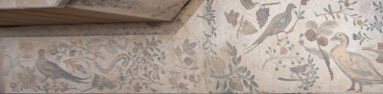 Oblique view of adjacent Roman mosaic panels with peacocks, birds, flowers, fruit, and geometric edging.