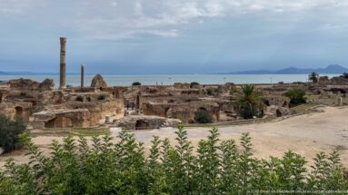 Broad panorama of the Baths of Antoninus showing vaulted ruins, columns, Mediterranean water, and distant hills.