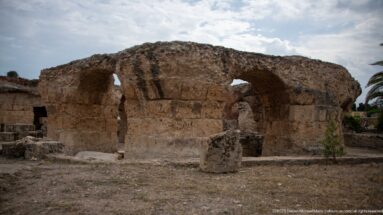Massive stone piers and intersecting rounded arches in the substructures of the Baths of Antoninus.