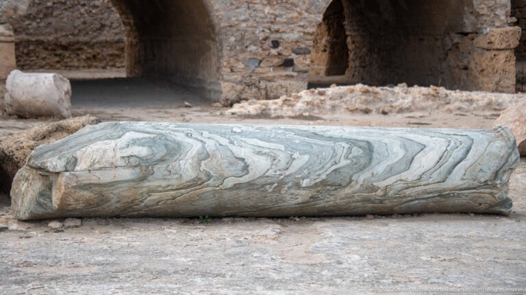 Close view of a fallen pale marble column shaft with pronounced gray-green veining and chipped edges.