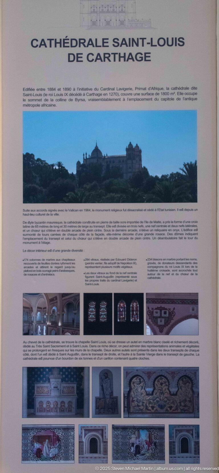 Interpretive panel titled “Cathédrale Saint-Louis de Carthage” with exterior and interior photographs and historical text.