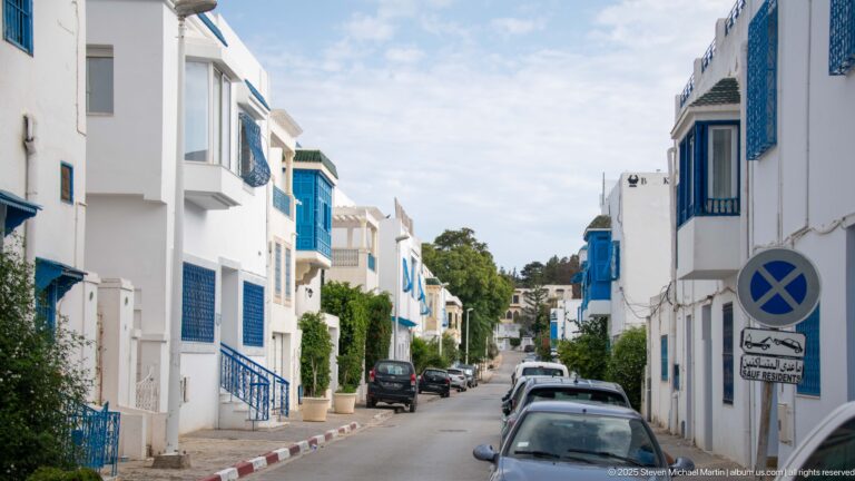 Narrow uphill street lined with white houses, blue doors and windows, parked cars, and a red-and-white curb in Sidi Bou Said.