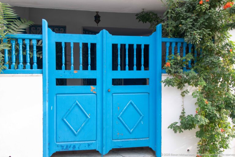 Bright blue double wooden gate with diamond panels and vertical slats set in a white wall beside flowering greenery.