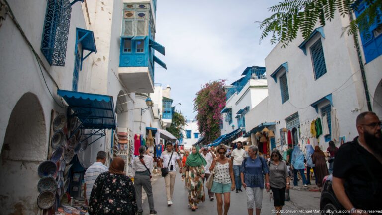 Crowded pedestrian lane with white buildings, blue shutters and projecting windows, souvenir shops, hanging goods, and magenta bougainvillea.