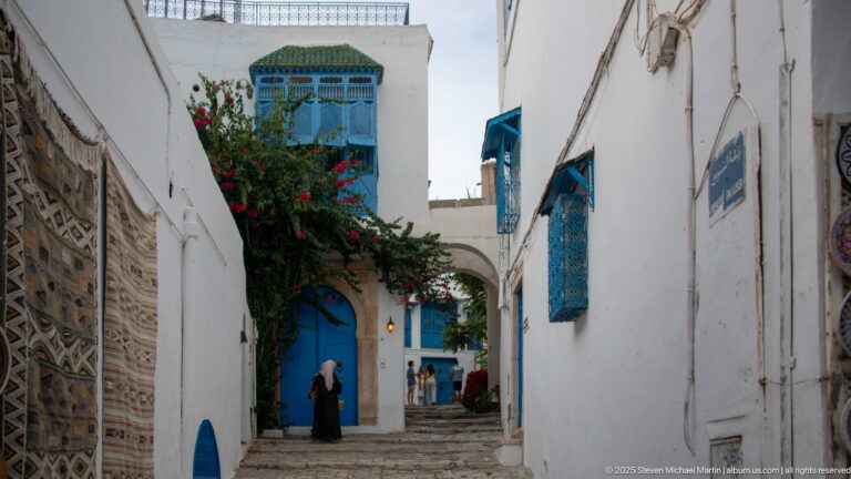Stone stair lane between whitewashed walls, blue doors and window grilles, with pedestrians farther uphill.