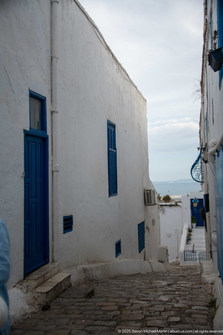 Whitewashed cobbled lane with blue doors and grilles descending toward a distant view of the sea.