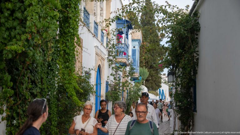 Visitors walking along a narrow shaded lane bordered by white buildings, blue doors, balconies, and dense greenery.
