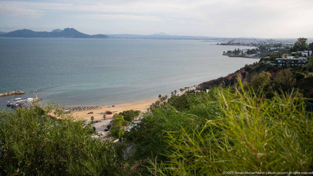 Elevated view across a calm bay toward a developed shoreline, with beach, harbor structures, and tall grasses in the foreground.