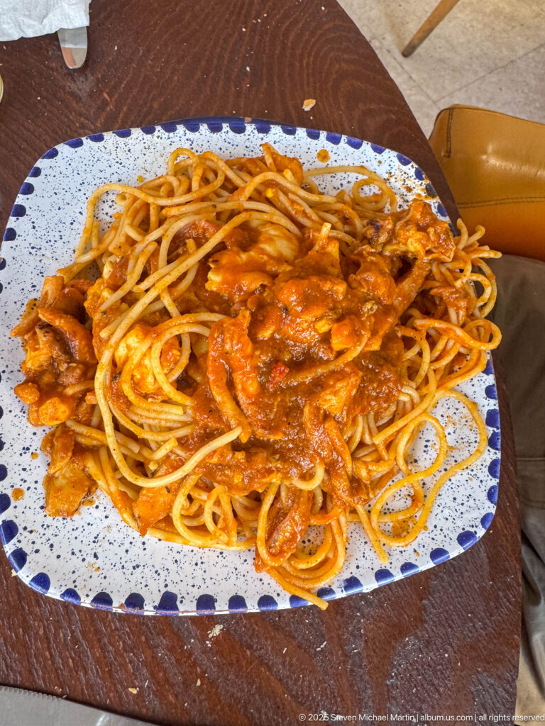 Plate of spaghetti coated in red tomato sauce with visible seafood pieces, served on a blue-and-white patterned plate.