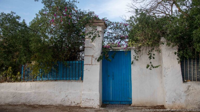 Blue plank garden gate between white masonry piers, with blue fencing, barred window, trees, and bougainvillea.