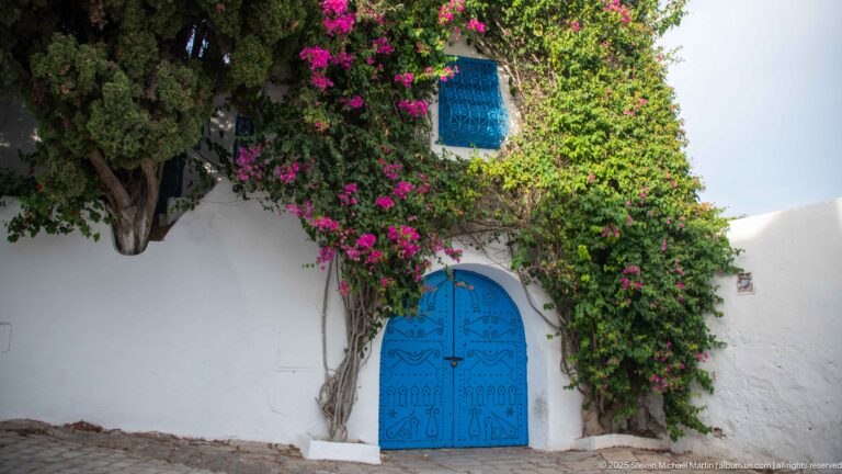 Blue arched double door beneath dense magenta bougainvillea on a white façade, with a blue window above.