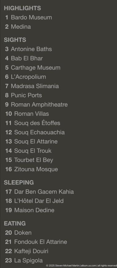 Close view of a printed Tunis itinerary listing numbered museums, baths, ports, mosques, hotels, and other stops.