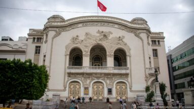 White Art Nouveau façade of the Municipal Theatre of Tunis with sculpted reliefs, arched openings, and Tunisian flag.