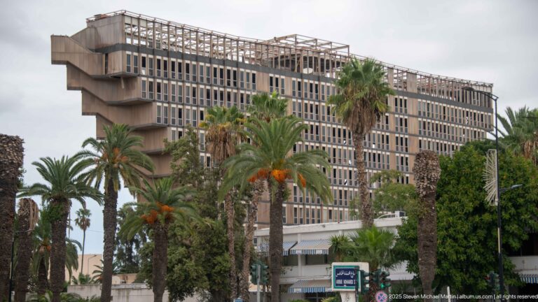 Large modern concrete-and-glass building with projecting slabs and vertical window grid behind palm trees.