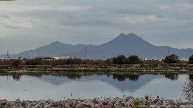 Shallow lagoon with rocks and waterbirds reflecting a dark mountain ridge beneath cloudy skies near Tunis.