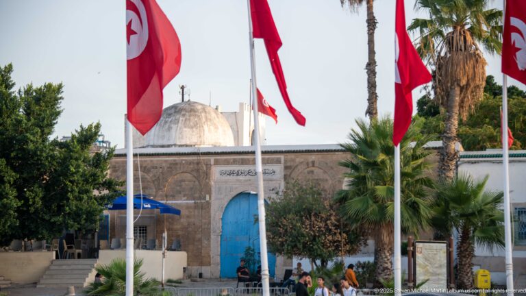 Stone building with shallow white dome, Arabic inscription, and bright blue arched door behind Tunisian flags and palms.