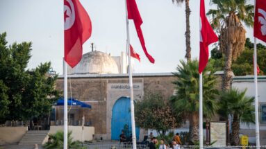 Stone building with shallow white dome, Arabic inscription, and bright blue arched door behind Tunisian flags and palms.