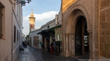 Narrow Medina of Tunis lane beside a large stone arch, small shops, pedestrians, and a minaret in the distance.